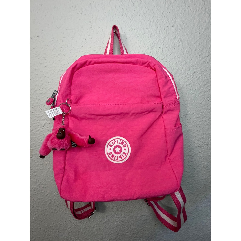 Kipling Pink Nylon Small Backpack with Striped Straps and Monkey Keychain